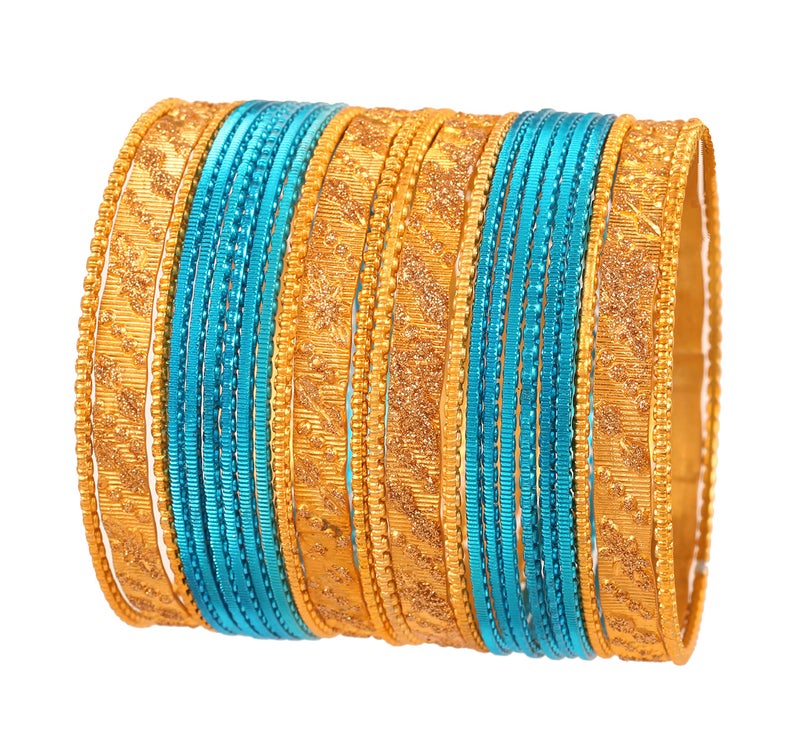 Touchstone NEW Metallic Colorful 2 Dozen Bangle Collection Indian Bollywood Textured Turquoise Color Jewelry Special Large Size Bangle Bracelets Set Of 24 In Gold Tone For Women - Image 1